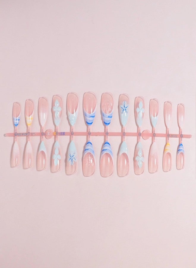 MISUD Press on Nails - Medium Almond Glue on Nails with Blue Beach, Acrylic Handmade 3D Flower Design 24 pcs - Image 4